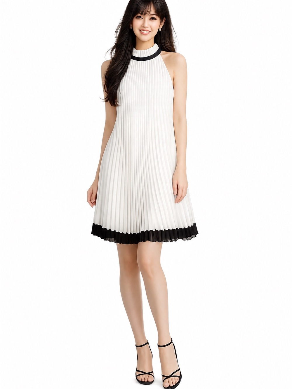 NWT White House Black Market White Pleated Halter Dress with Black Trim Sz 4